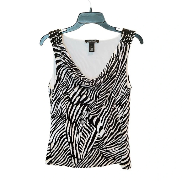 WHBM sleeveless layered cowl neck animal print stretch top SZ L white black - Picture 1 of 10